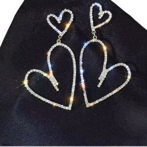 Silver Rhinestone Double Open Hearts Dangle Earrings NEW